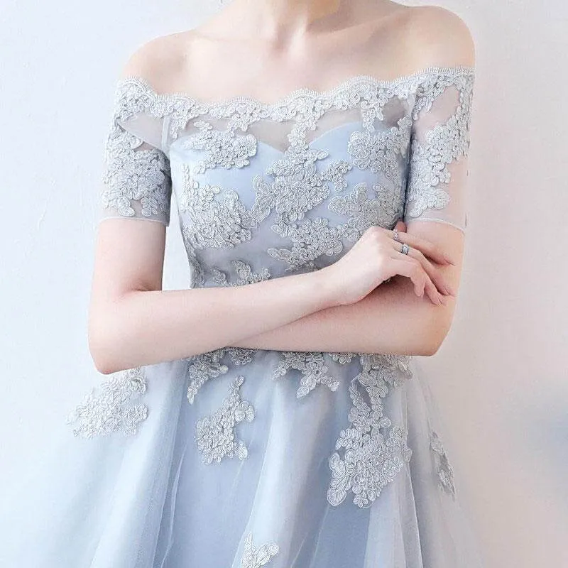 Blue Tulle Lace A-line High Low Homecoming Dresses, Short Prom Dresses, SH570