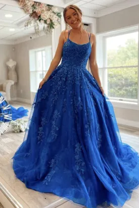 Blue Tulle Lace A-line Scoop Lace Up Long Prom Dresses, Evening Gown, SP747