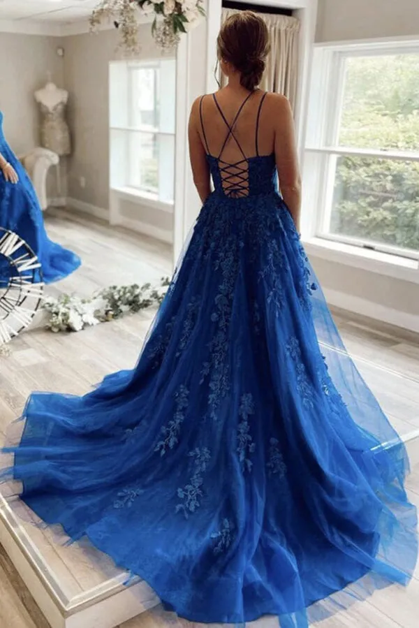 Blue Tulle Lace A-line Scoop Lace Up Long Prom Dresses, Evening Gown, SP747