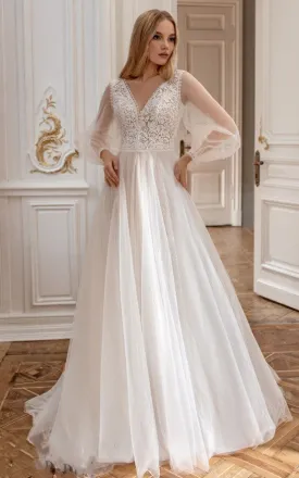 Bohemian A-Line V-neck Tulle Wedding Dress with Sweep Train-716428