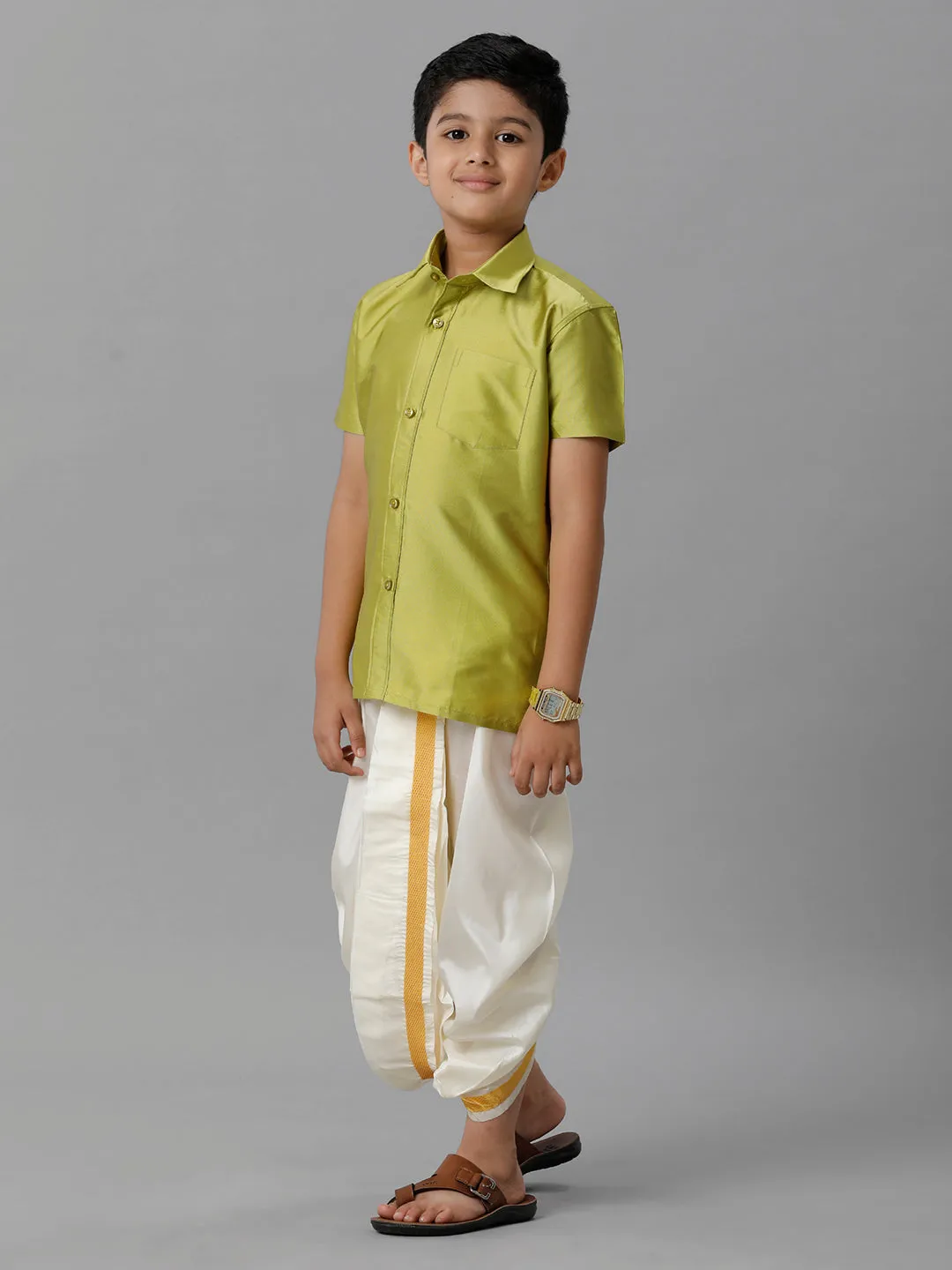 Boys Silk Cotton Lemon Green Half Sleeves Shirt with Soft Silk Panchakacham Combo K44