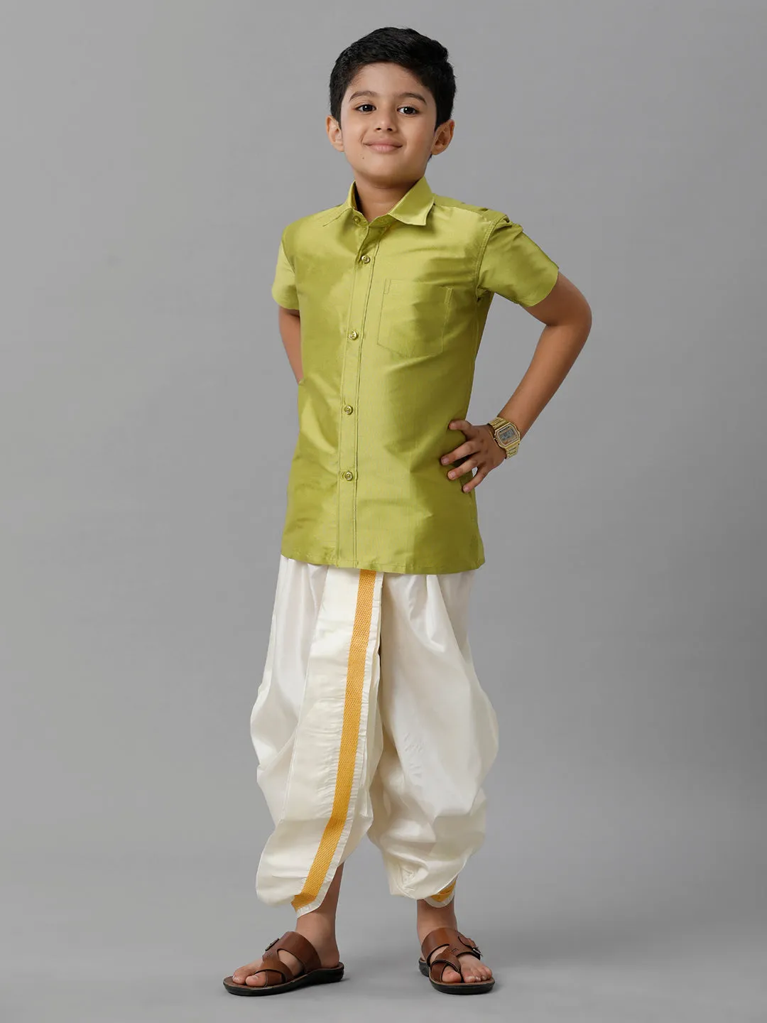 Boys Silk Cotton Lemon Green Half Sleeves Shirt with Soft Silk Panchakacham Combo K44