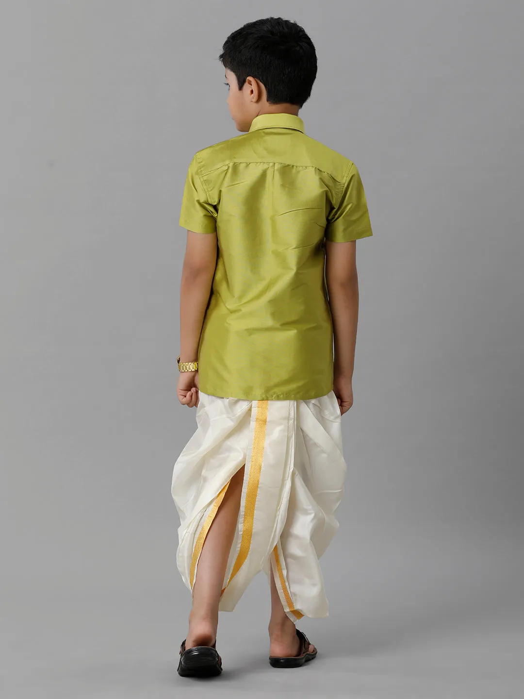 Boys Silk Cotton Lemon Green Half Sleeves Shirt with Soft Silk Panchakacham Combo K44