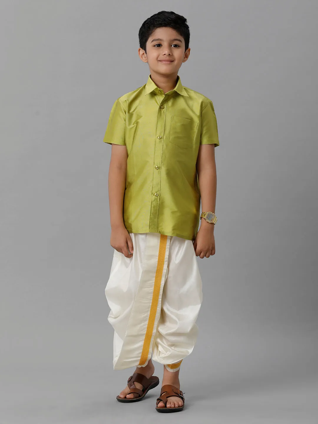 Boys Silk Cotton Lemon Green Half Sleeves Shirt with Soft Silk Panchakacham Combo K44