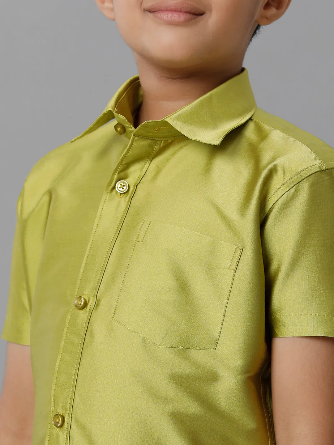 Boys Silk Cotton Lemon Green Half Sleeves Shirt with Soft Silk Panchakacham Combo K44