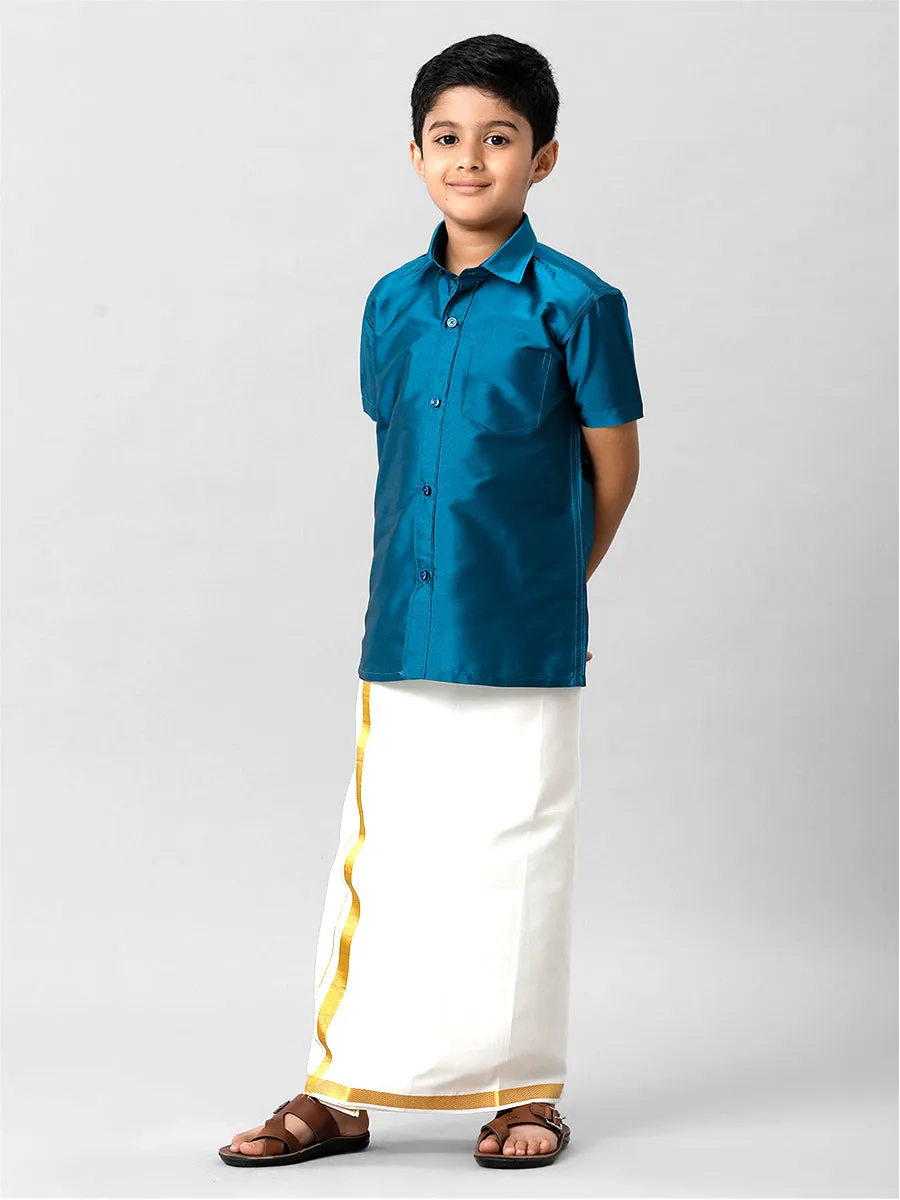 Boys Silk Cotton Light Blue Half Sleeves Shirt K1