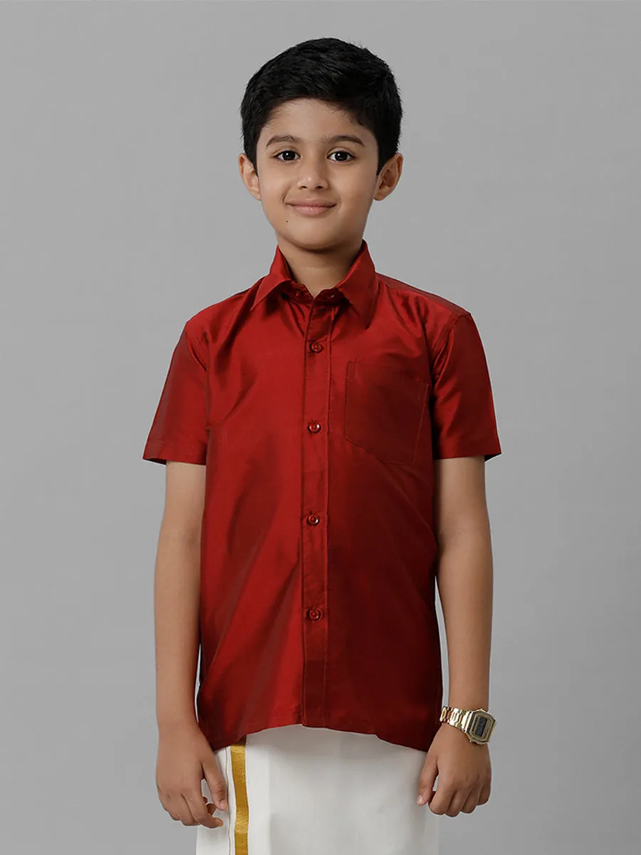 Boys Silk Cotton Maroon Half Sleeves Shirt K7