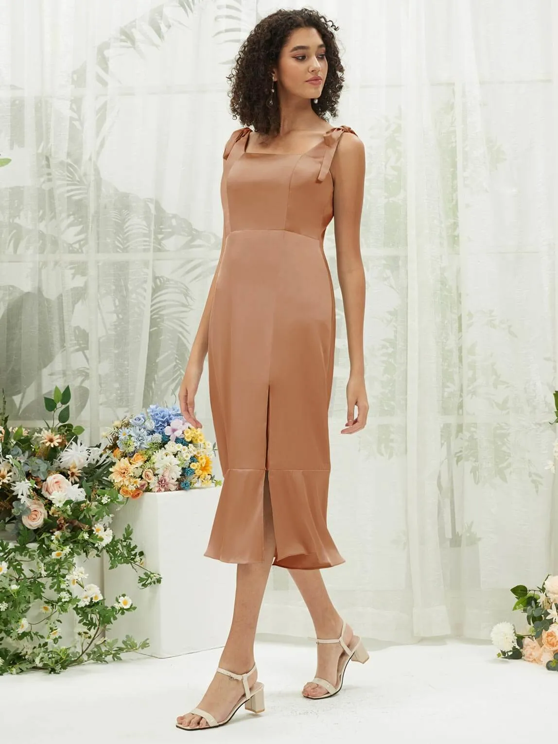 Bronzer Silk Satin Square Neck Slit Tea Length Convertible Bridesmaid Dresses