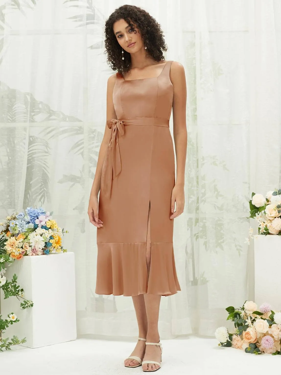 Bronzer Silk Satin Square Neck Slit Tea Length Convertible Bridesmaid Dresses