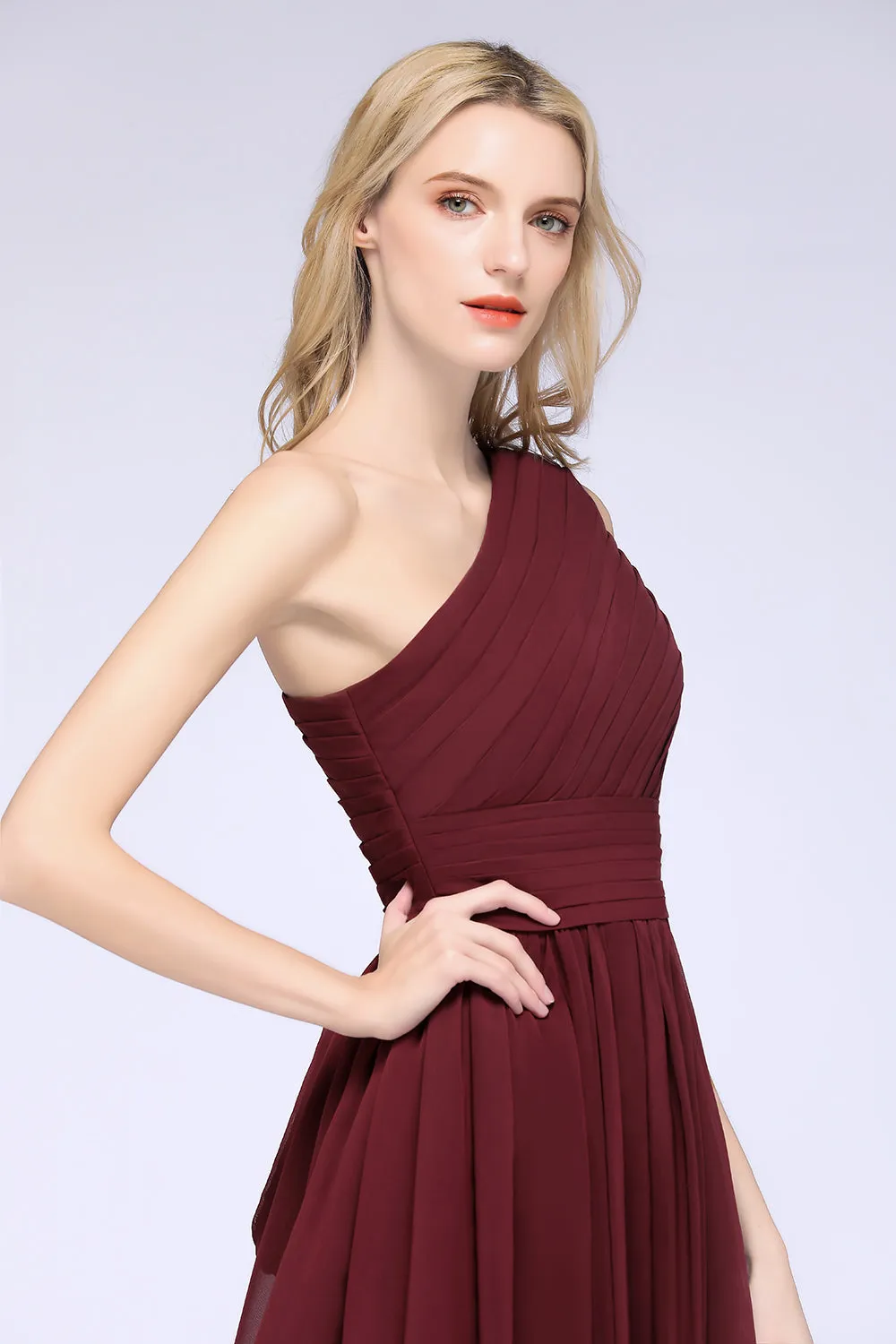 Burgundy A-Line Chiffon One Shoulder Short Bridesmaid Dress with Ruffles