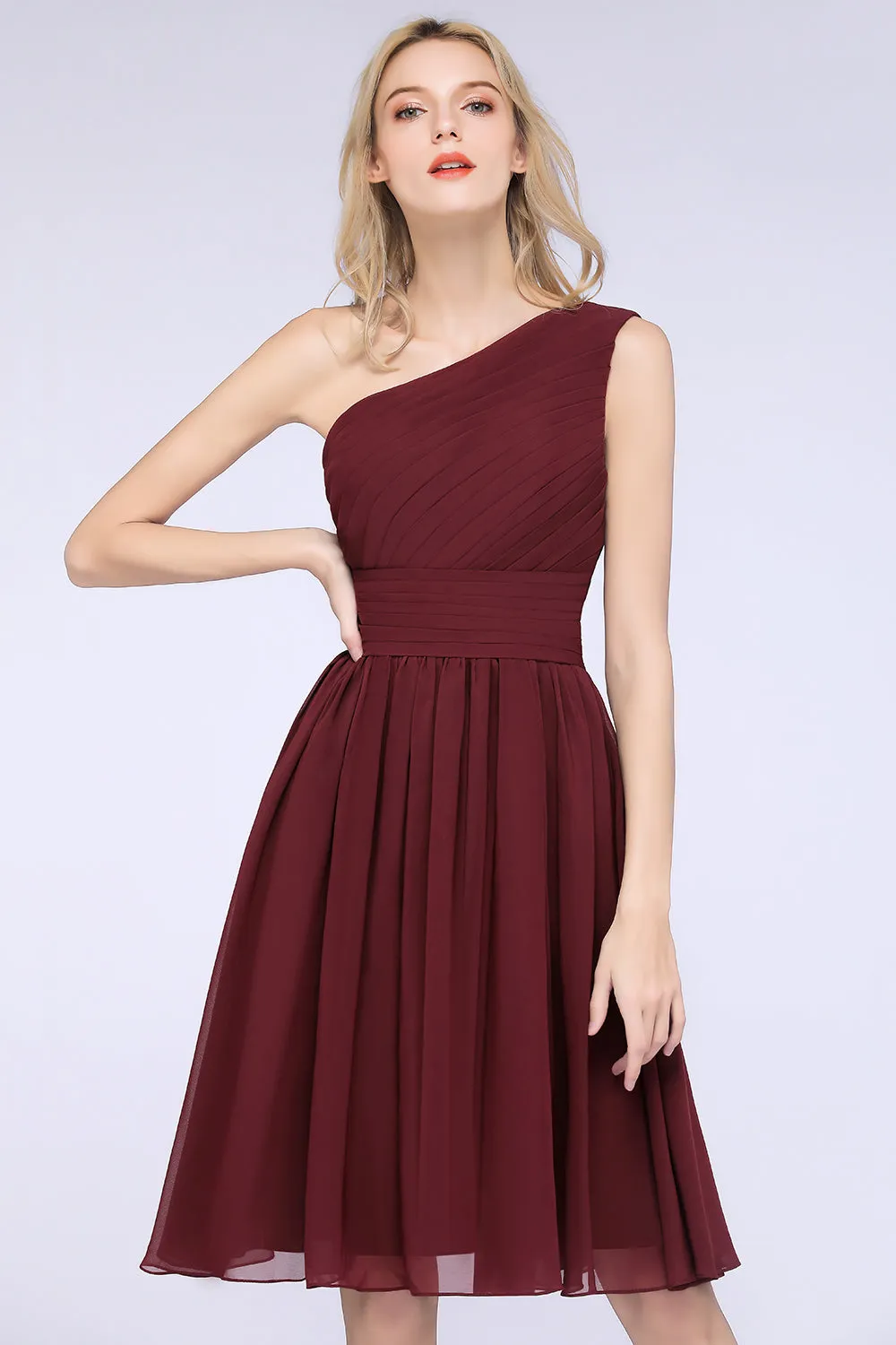 Burgundy A-Line Chiffon One Shoulder Short Bridesmaid Dress with Ruffles