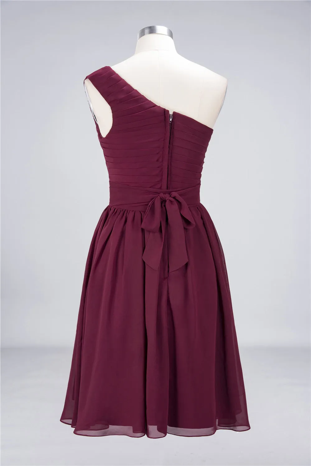 Burgundy A-Line Chiffon One Shoulder Short Bridesmaid Dress with Ruffles