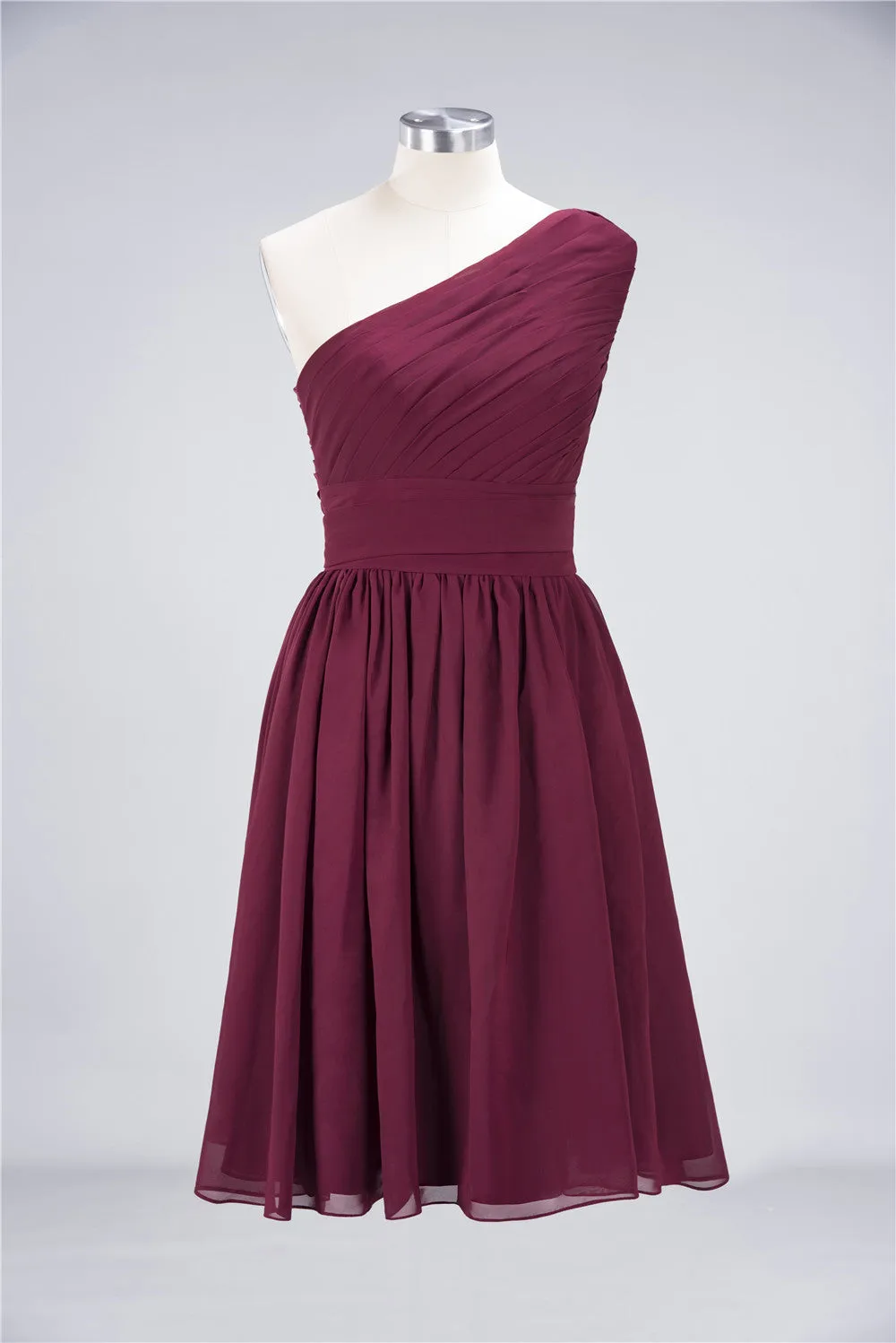 Burgundy A-Line Chiffon One Shoulder Short Bridesmaid Dress with Ruffles