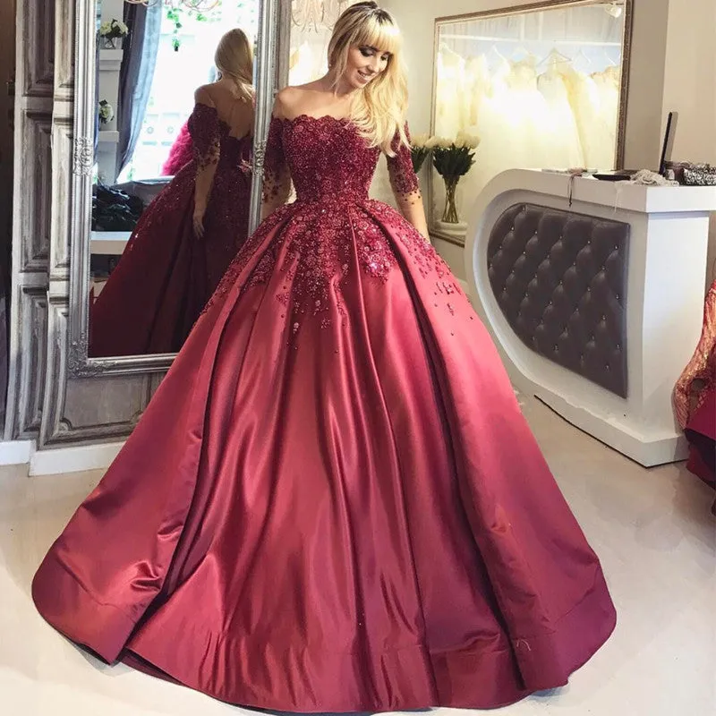 Burgundy ball gown prom dresses lace appliqué beaded elegant off the shoulder prom gowns