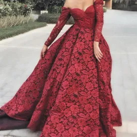 Burgundy lace prom dresses long sleeve appliqué elegant off the shoulder cheap prom gown vestido de Longo