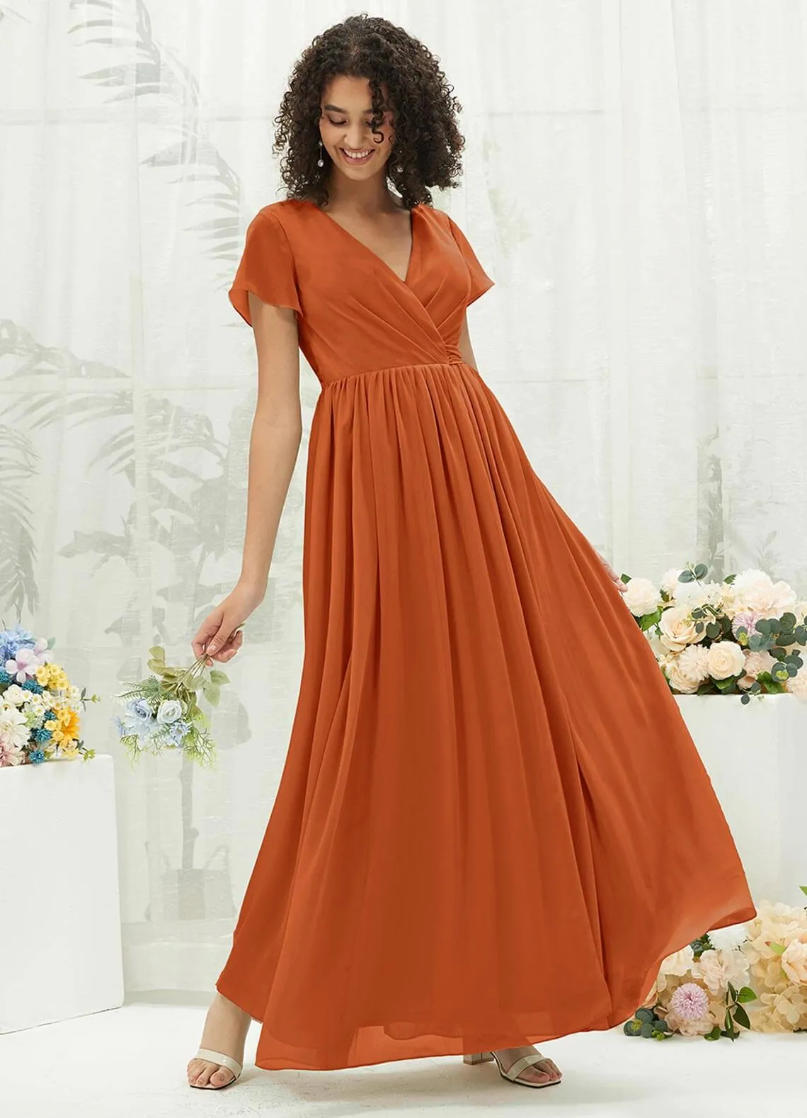 Burnt Orange Chiffon Short Sleeve V-Neck Wrap Pleated  Bridesmaid Dress