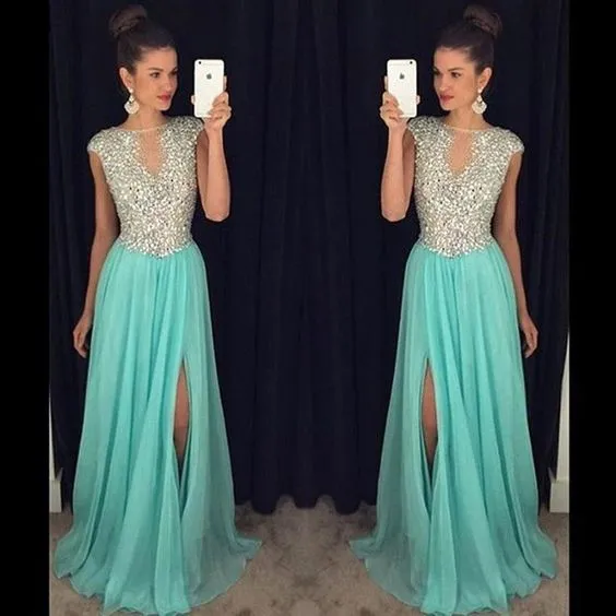 cap sleeve prom dresses long blue beaded elegant chiffon a line sparkly prom gowns robe de soiree