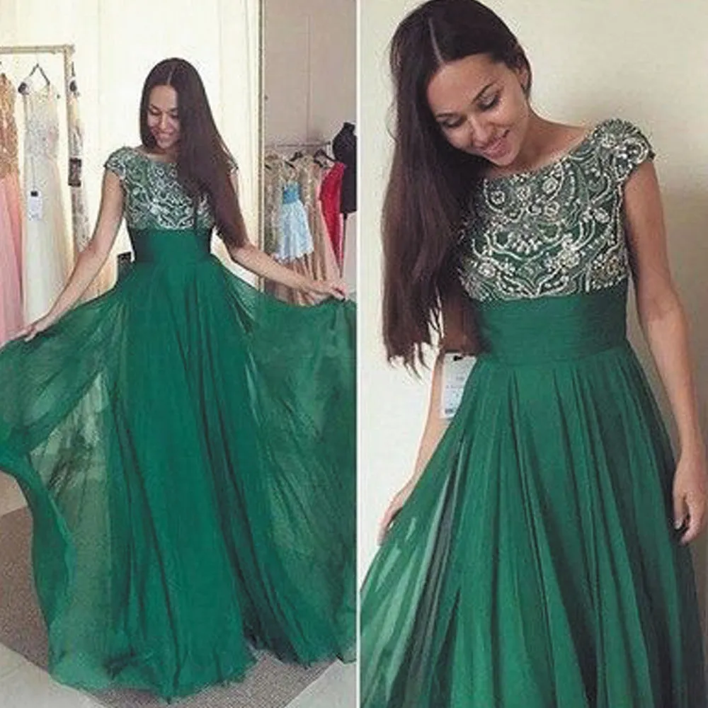 cap sleeve prom dresses long green beaded o neck elegant chiffon cheap prom gown vestidos de fiesta