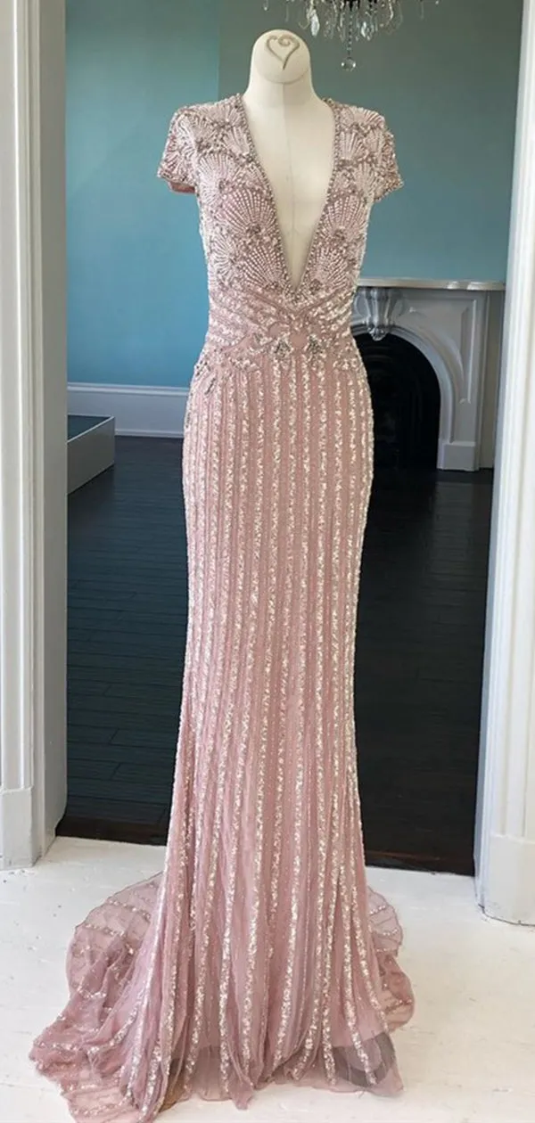 Cap Sleeves Long Mermaid Rhinestone Beaded Prom Dresses, Cheap Prom Dresses