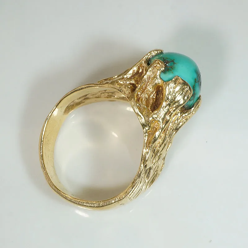 Captivating 1960s Brutalist Gold and Turquoise Ring