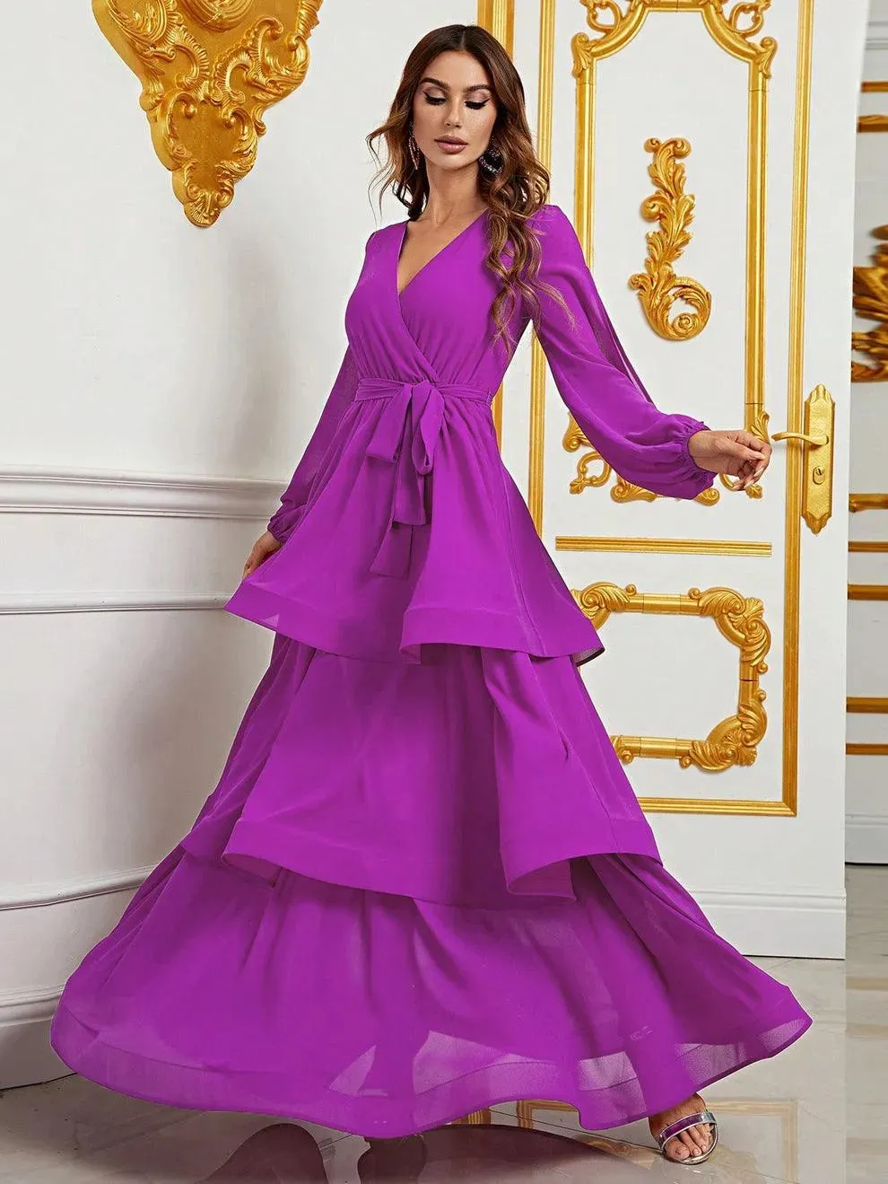 Cascading Ruffle Lantern Sleeves Chiffon Dresses