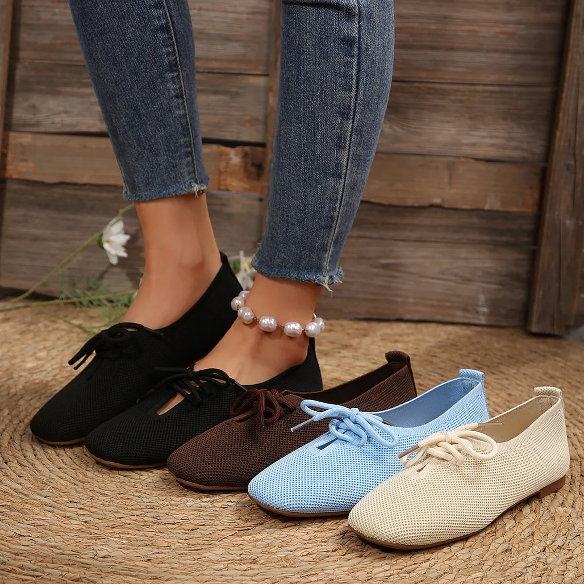 Casual Lace-up Mesh Flats Shoes Women Fashion Solid Color Loafers Lazy Shoes