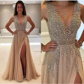 champagne beaded prom dresses 2020 v neck crystals elegant tulle prom gown vestido longo