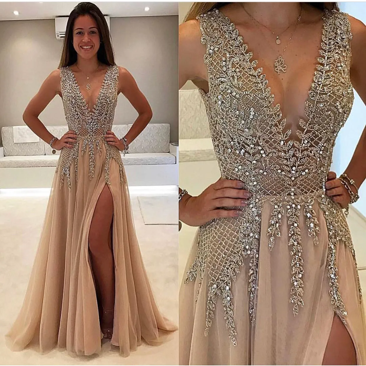 champagne beaded prom dresses 2020 v neck crystals elegant tulle prom gown vestido longo