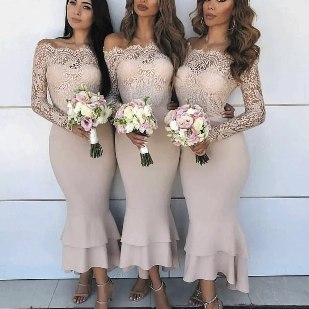 champagne bridesmaid dresses short 2020 lace applique mermaid elegant off shoulder wedding guest dress