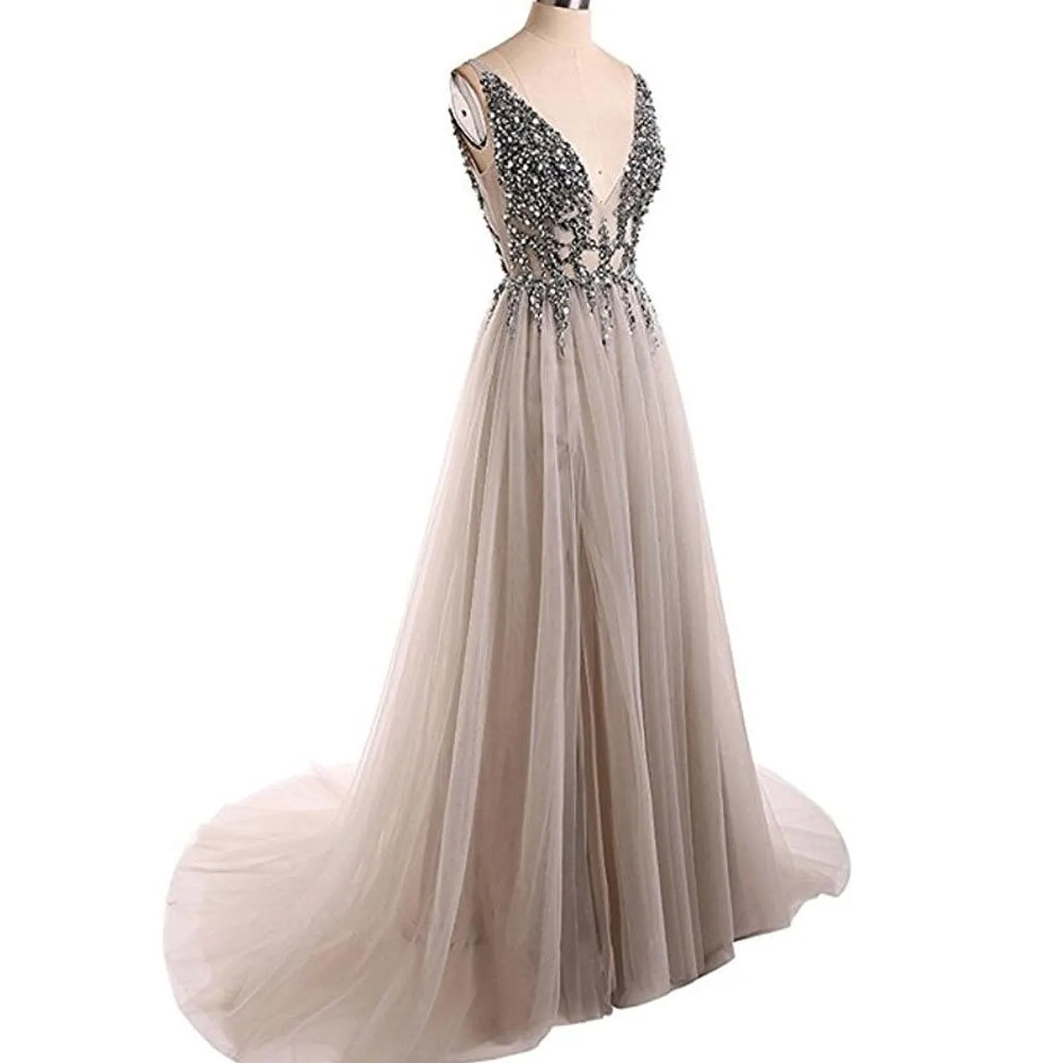 Chic Silver Prom Dress Cheap A Line V Neck Tulle Prom Dress #ER500