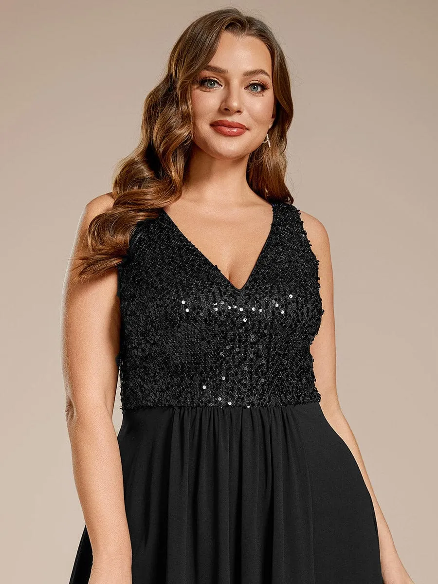 Chic V-Neck Sleeveless Chiffon Wedding Guest Dress with Sequin Bodice