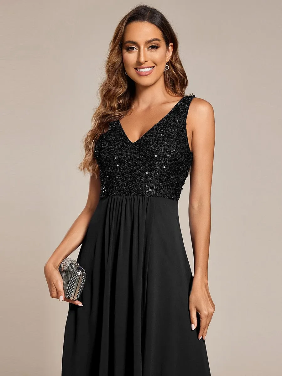 Chic V-Neck Sleeveless Chiffon Wedding Guest Dress with Sequin Bodice