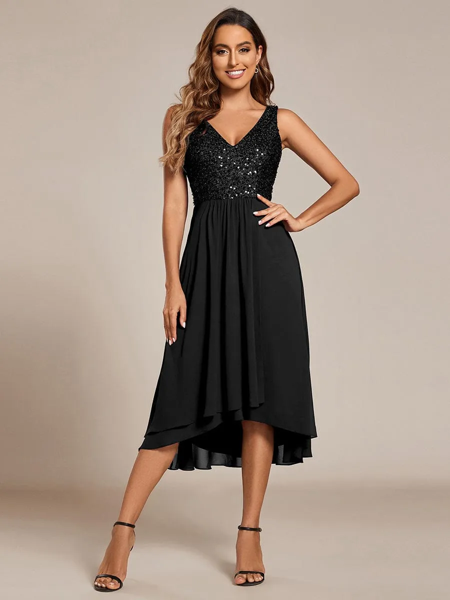 Chic V-Neck Sleeveless Chiffon Wedding Guest Dress with Sequin Bodice