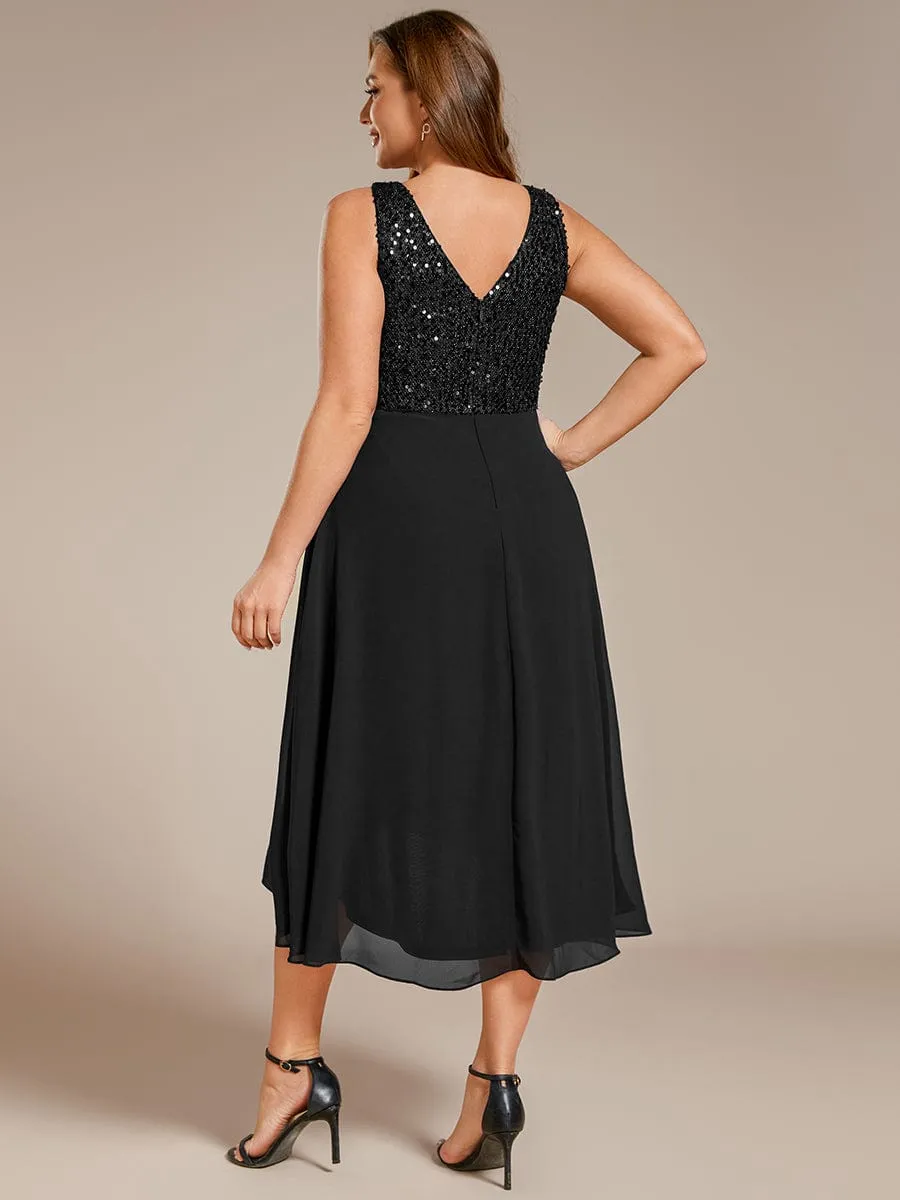 Chic V-Neck Sleeveless Chiffon Wedding Guest Dress with Sequin Bodice