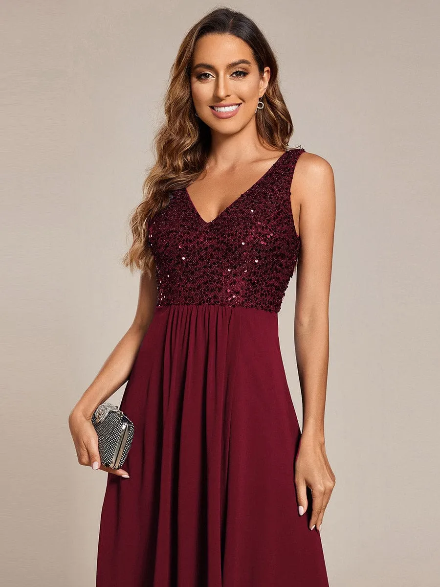 Chic V-Neck Sleeveless Chiffon Wedding Guest Dress with Sequin Bodice