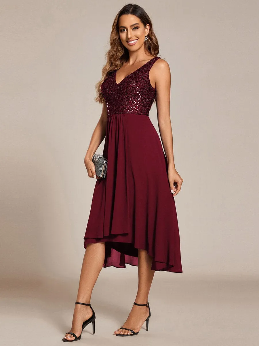 Chic V-Neck Sleeveless Chiffon Wedding Guest Dress with Sequin Bodice