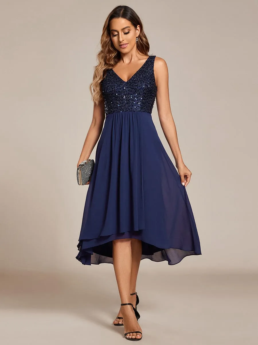 Chic V-Neck Sleeveless Chiffon Wedding Guest Dress with Sequin Bodice