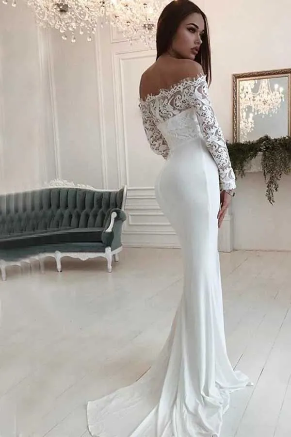 Chiffon Sheath V-neck Long Sleeves Wedding Dresses With Lace Appliques, SW573