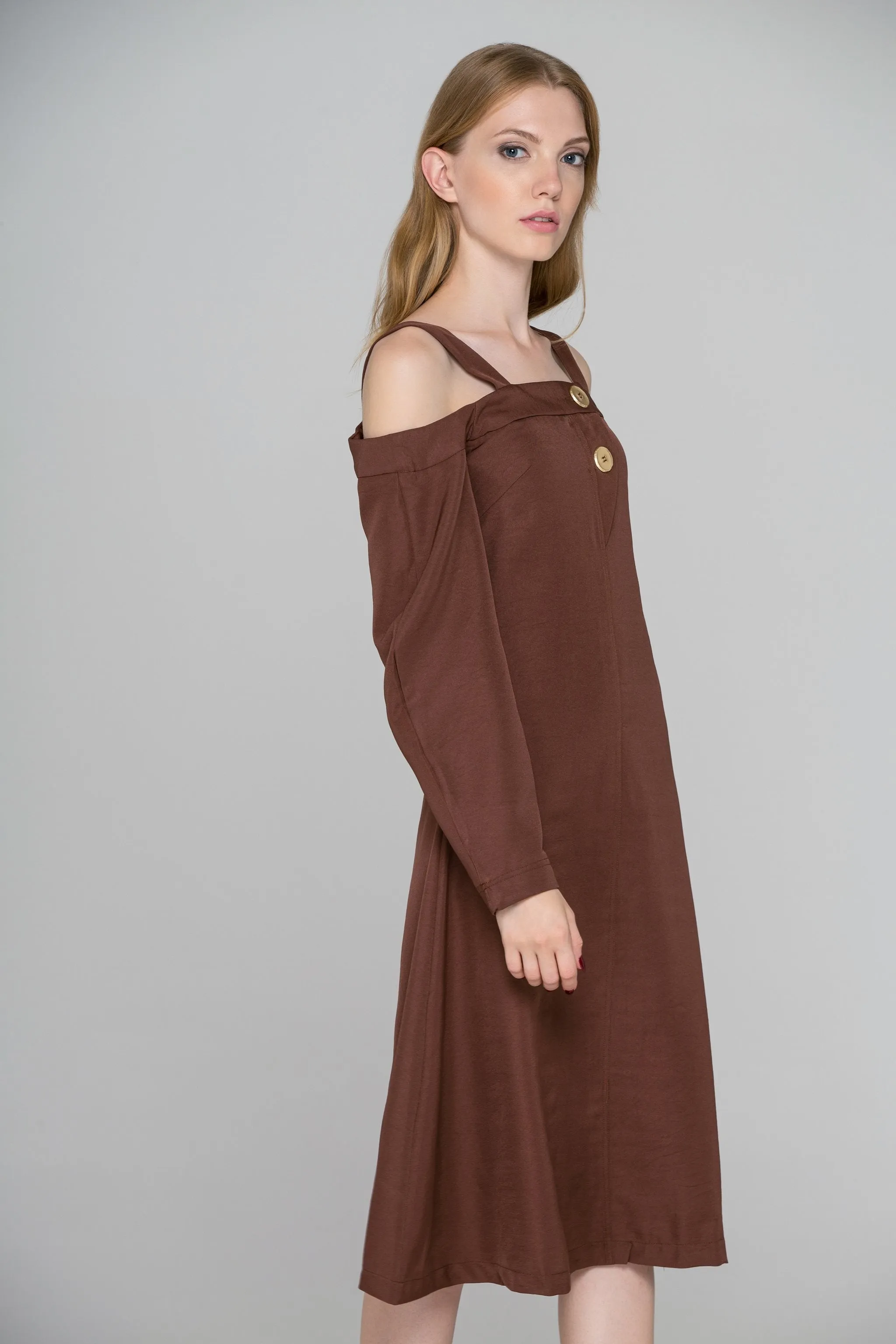 Chocolate Brown Cold Shoulder Midi Dress