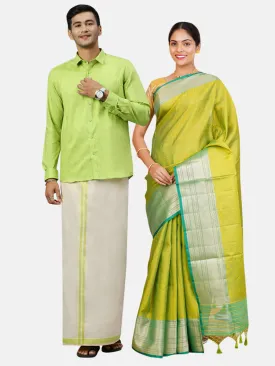 Couple Combo Full Sleeves Shirt with Dhoti & Saree Set Green