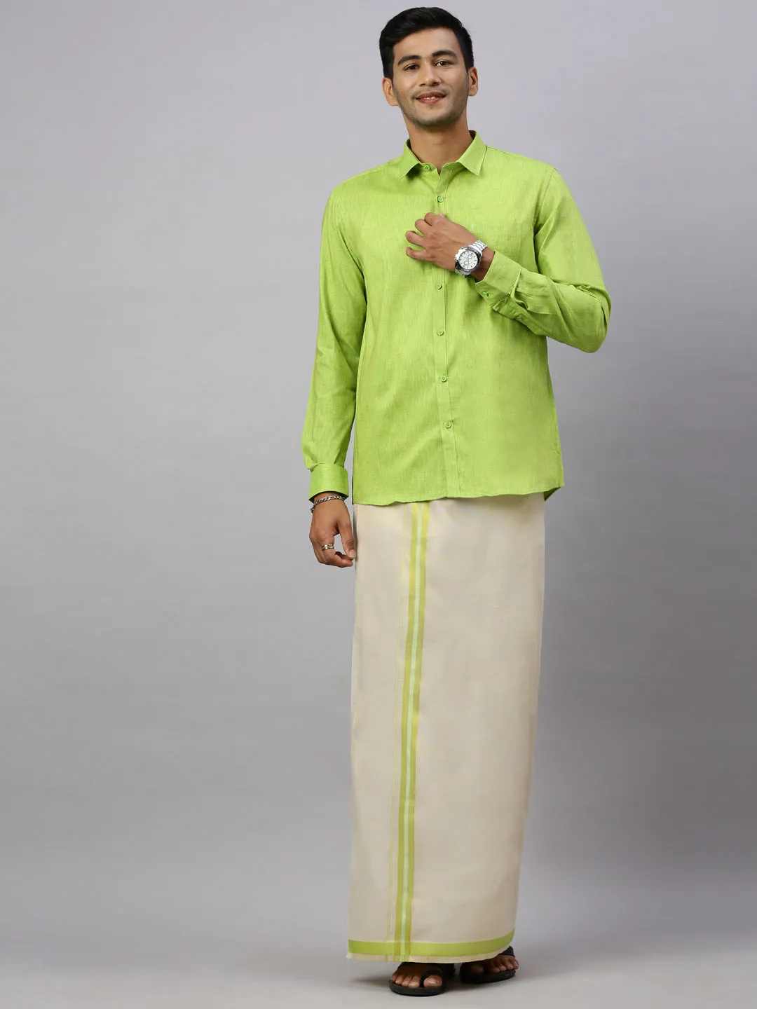 Couple Combo Full Sleeves Shirt with Dhoti & Saree Set Green