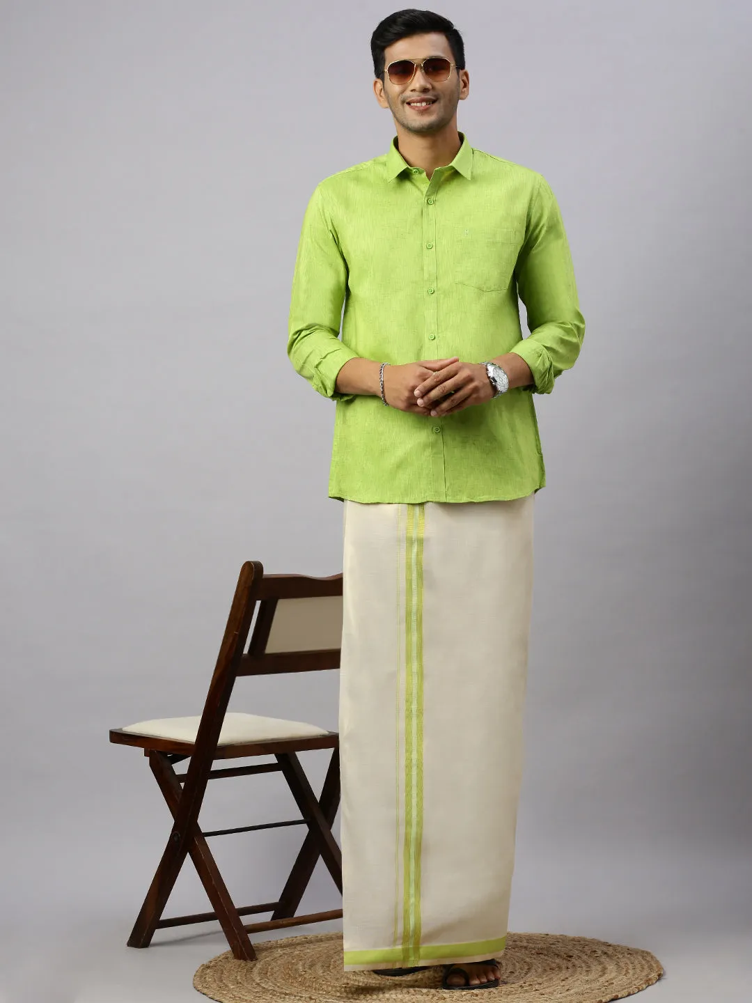 Couple Combo Full Sleeves Shirt with Dhoti & Saree Set Green