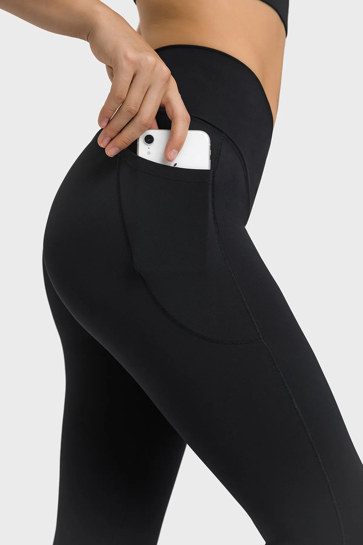 Cross Waistband Compression Leggings with Side Pockets