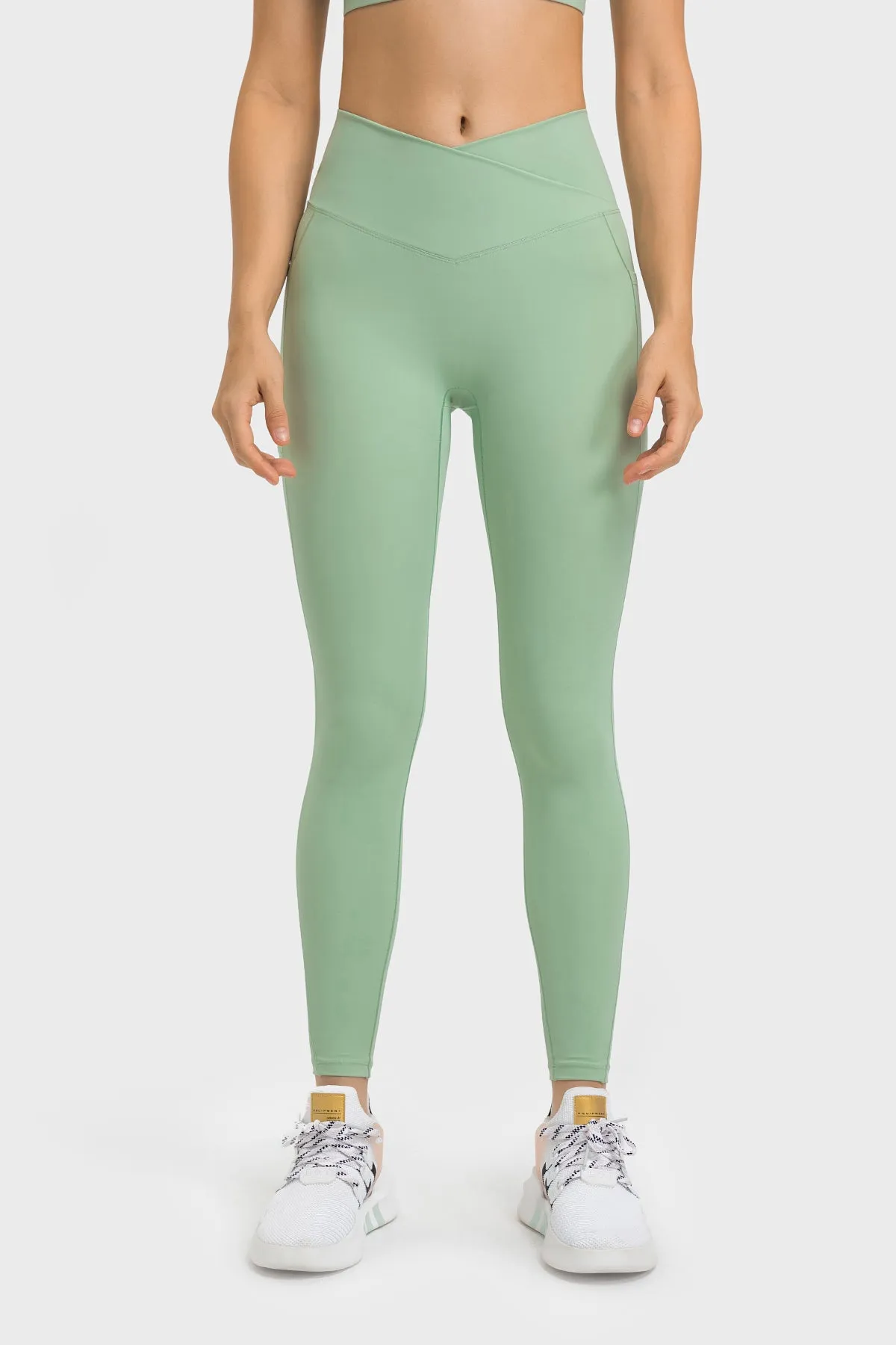 Cross Waistband Compression Leggings with Side Pockets