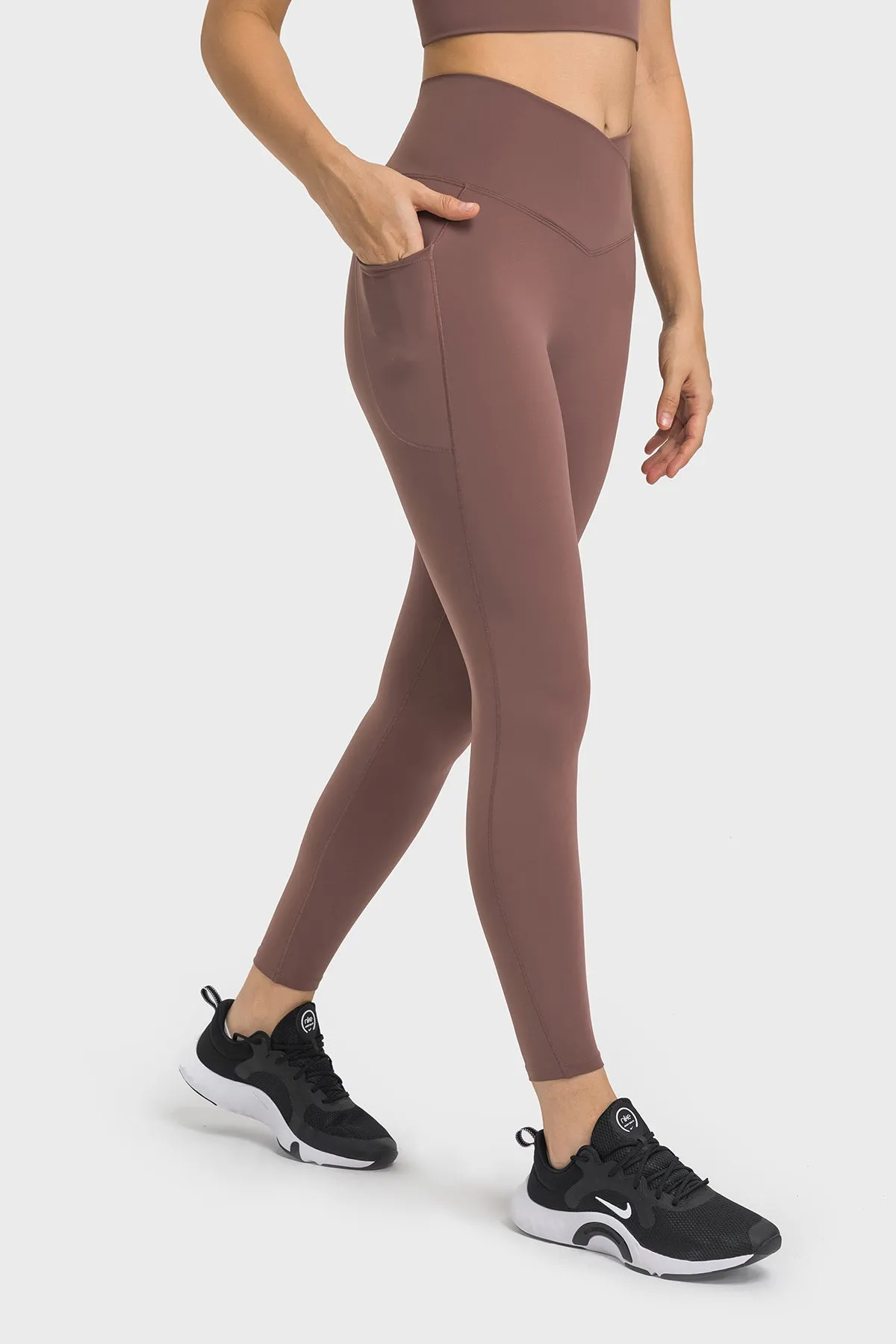 Cross Waistband Compression Leggings with Side Pockets