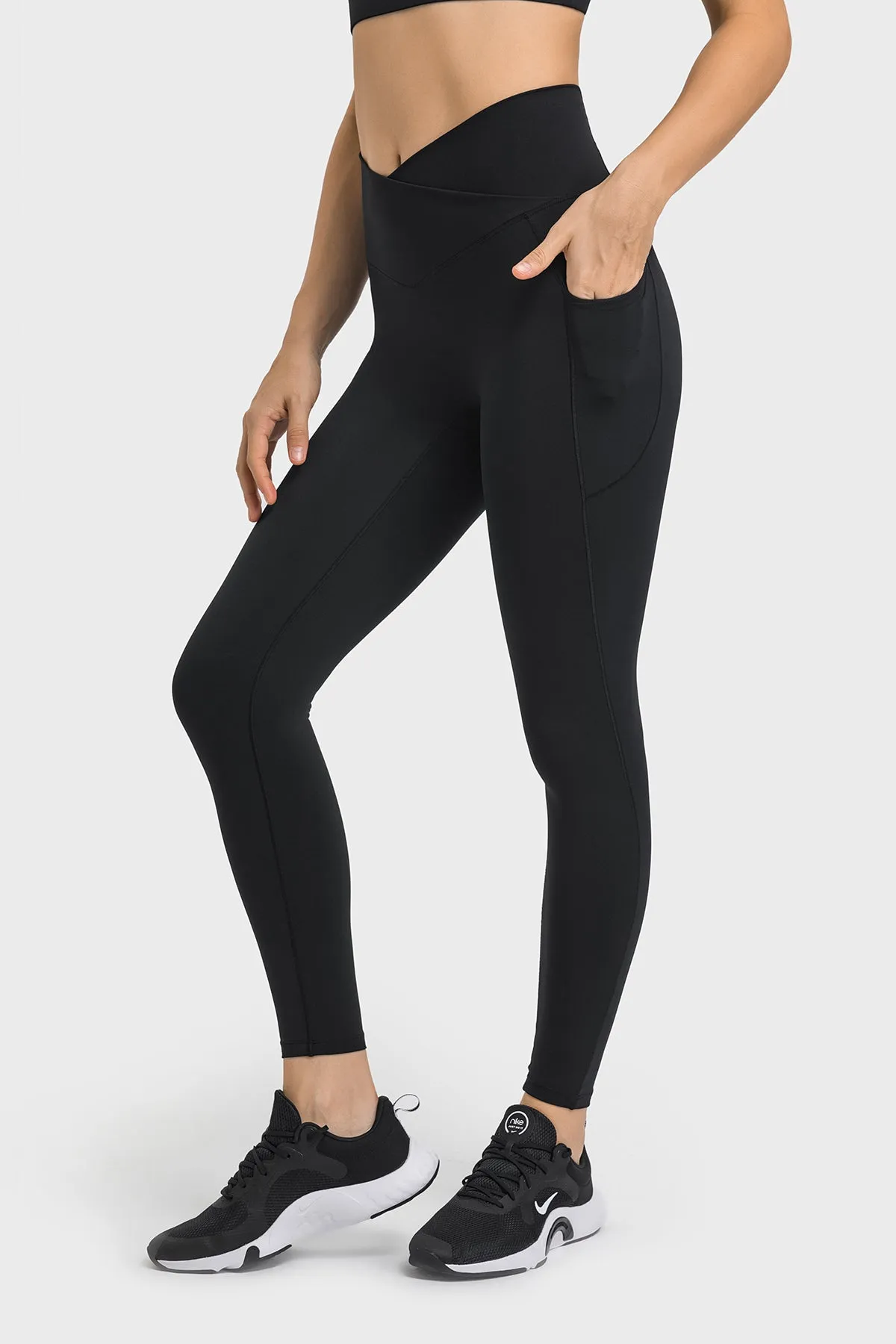 Cross Waistband Compression Leggings with Side Pockets