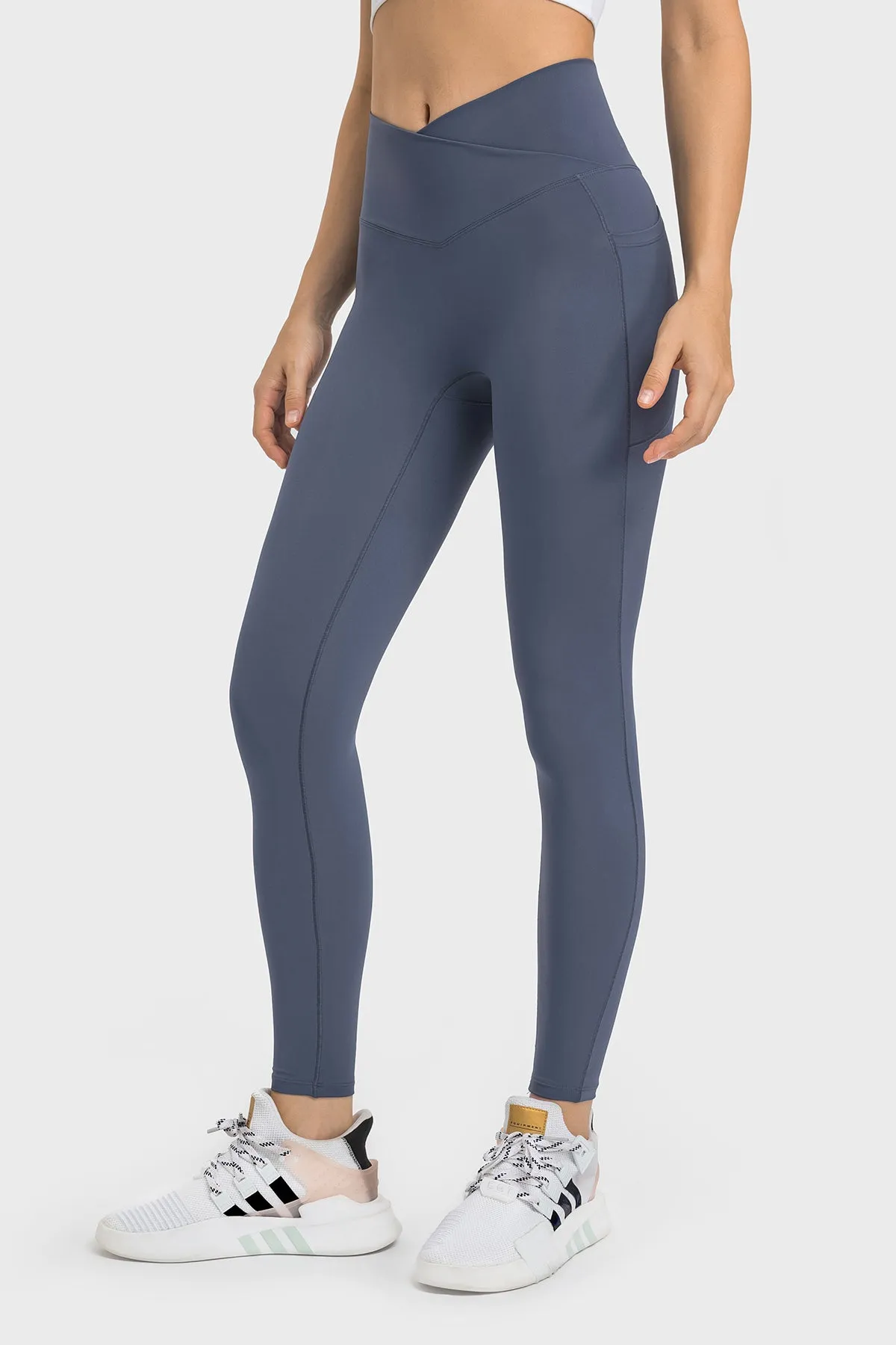 Cross Waistband Compression Leggings with Side Pockets