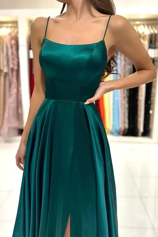 Dark Green Satin A-line Square Neck Simple Prom Dresses With Slit, SP960