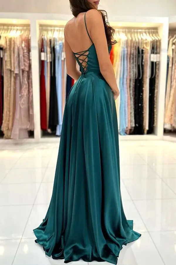 Dark Green Satin A-line Square Neck Simple Prom Dresses With Slit, SP960