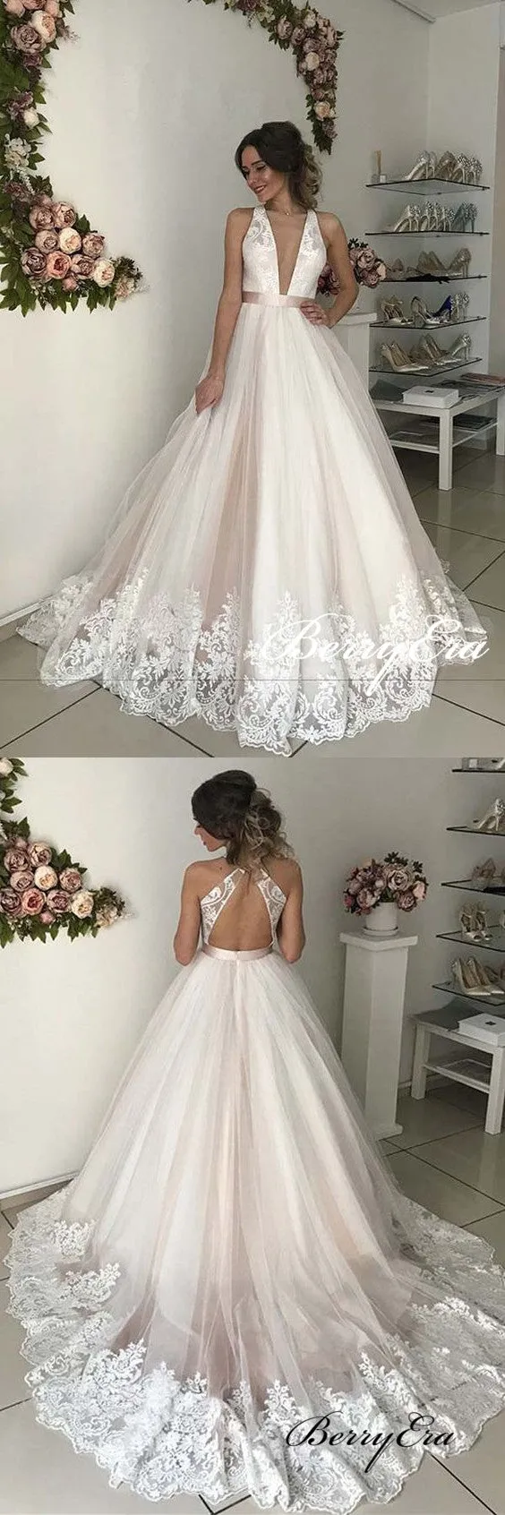 Deep V-neck Lace Tulle Long Wedding Dresses